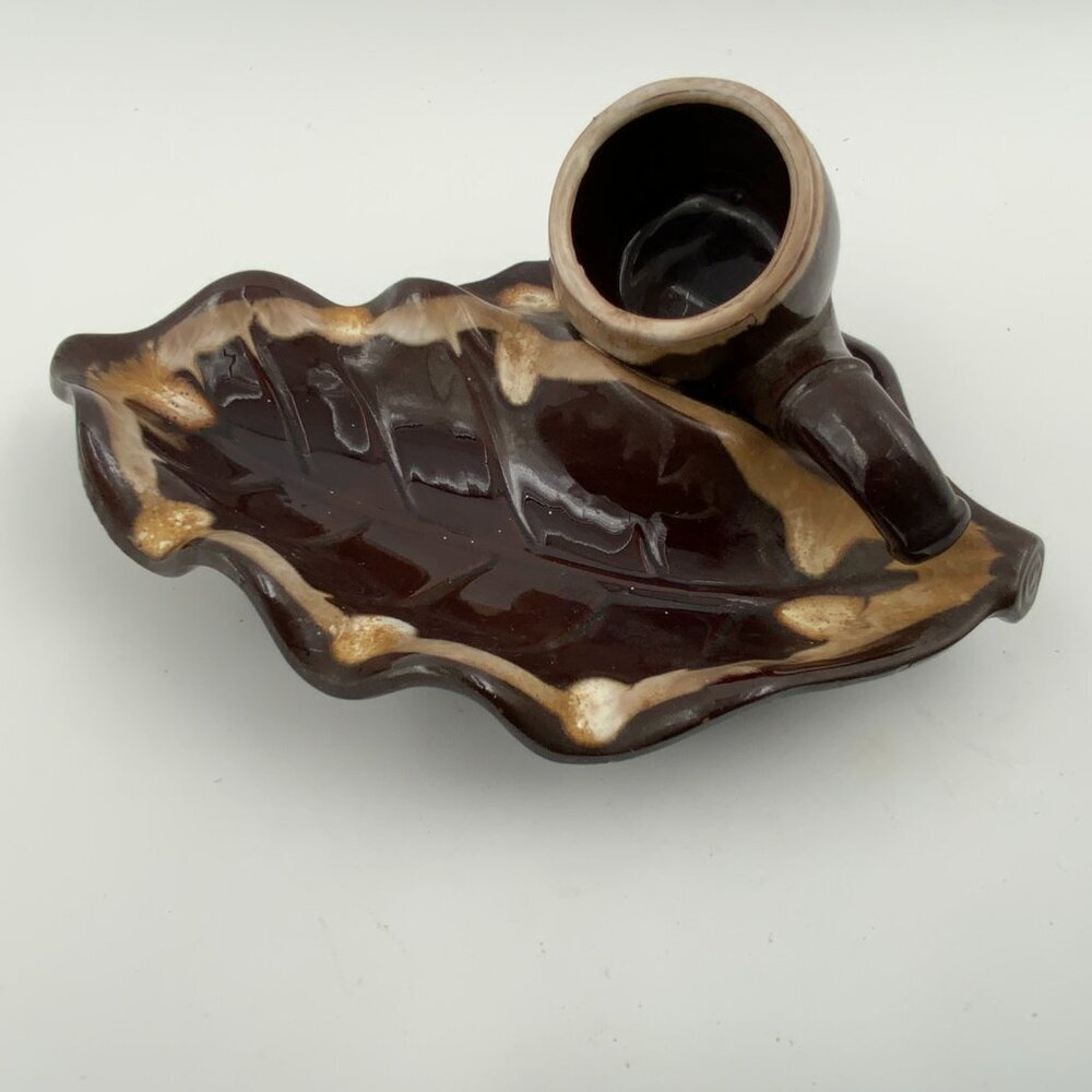 Vintage Brown & Tan Drip Glaze Pipe Tobacco Leaf Ashtray Japan